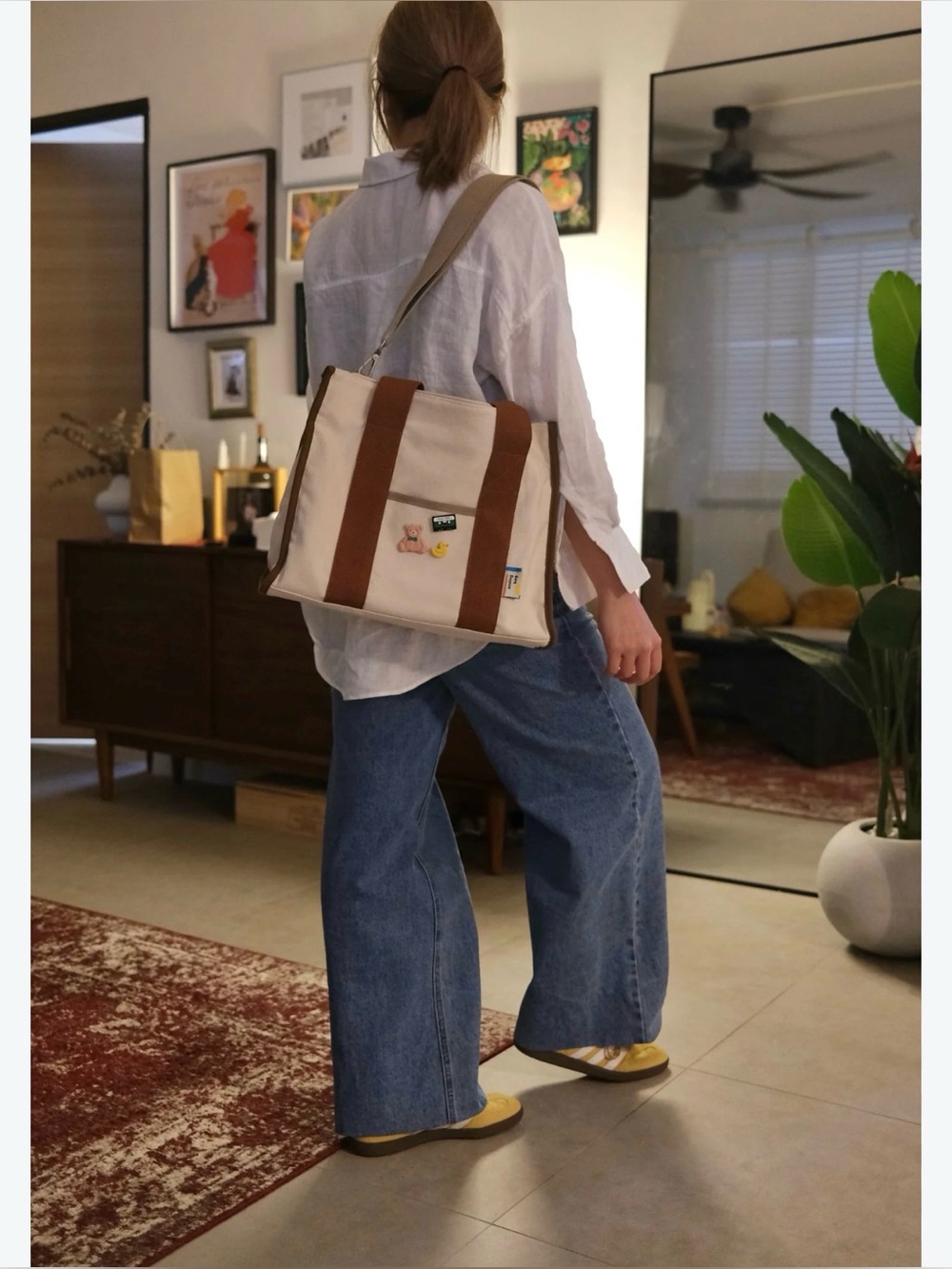 Analog Bag Tote Bag No 7 Canvas Shoulder Tote Bag with Brown Straps - Cream